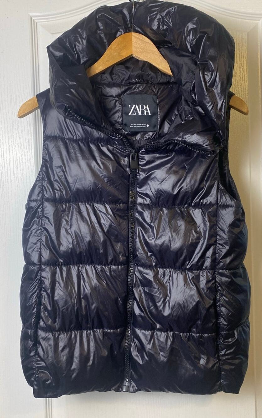 Zara Black Shiny Puffer Hoodie Vest Women's Size X-Small